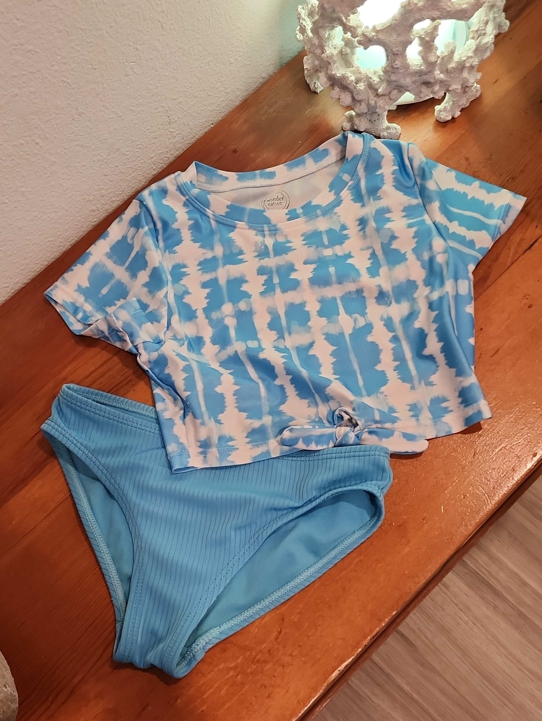 Wonder Nation Blue & White Tie-Dye Swim Top And Bottoms Sz 6/6x